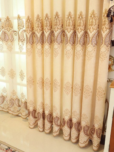 Baltic Embroidered Brown Beige color Floral Waterfall and Swag Valance and Sheers and Chenille Velvet Curtains Pair