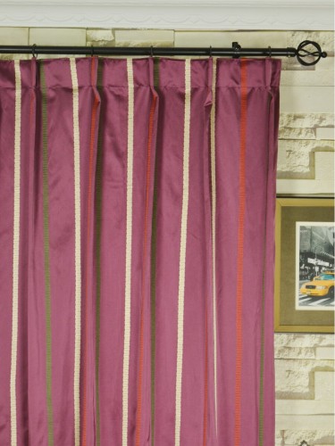 QYX104AJ Mirage Embroidered Striped Single Pinch Pleat Curtains (Color: Claret)