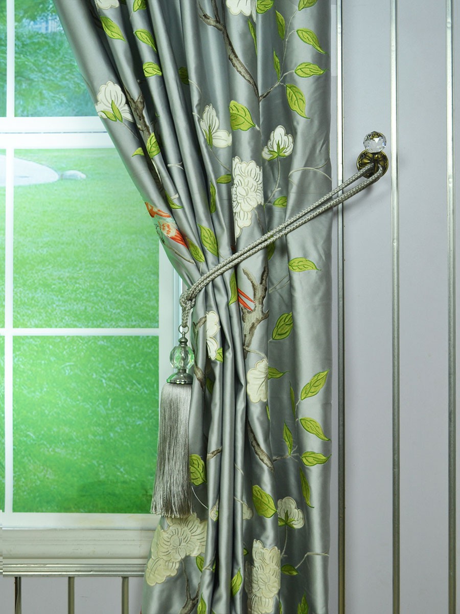 Franklin Gray Embroidered Bird Branch Eyelet Faux Silk Curtains