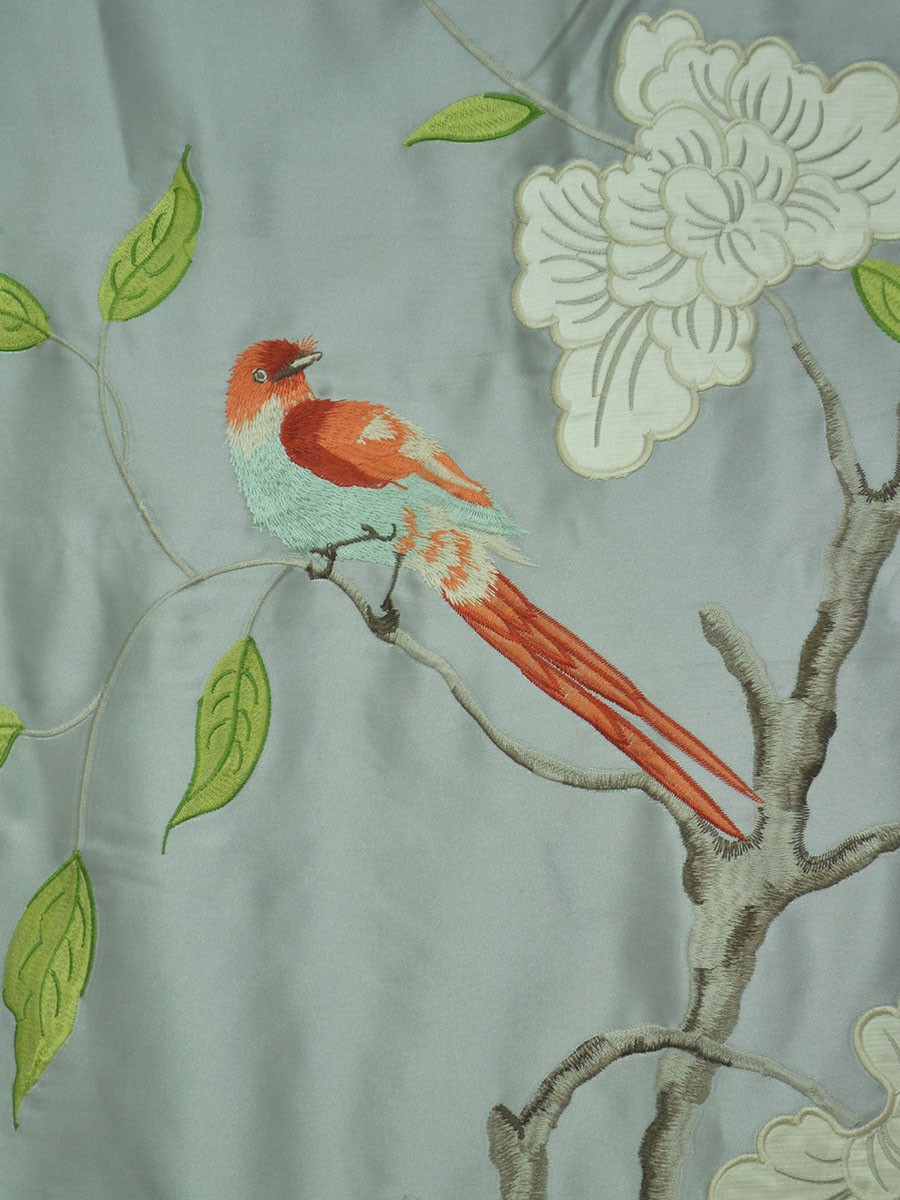 Franklin Gray Embroidered Bird Branch Eyelet Faux Silk