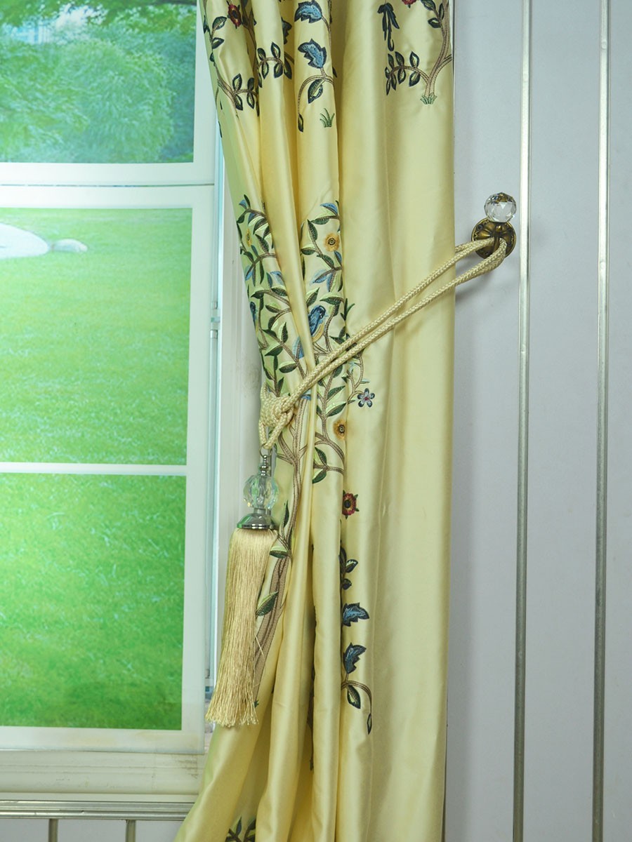 Franklin Beige Blue Embroidered Bird Tree Eyelet Faux Silk