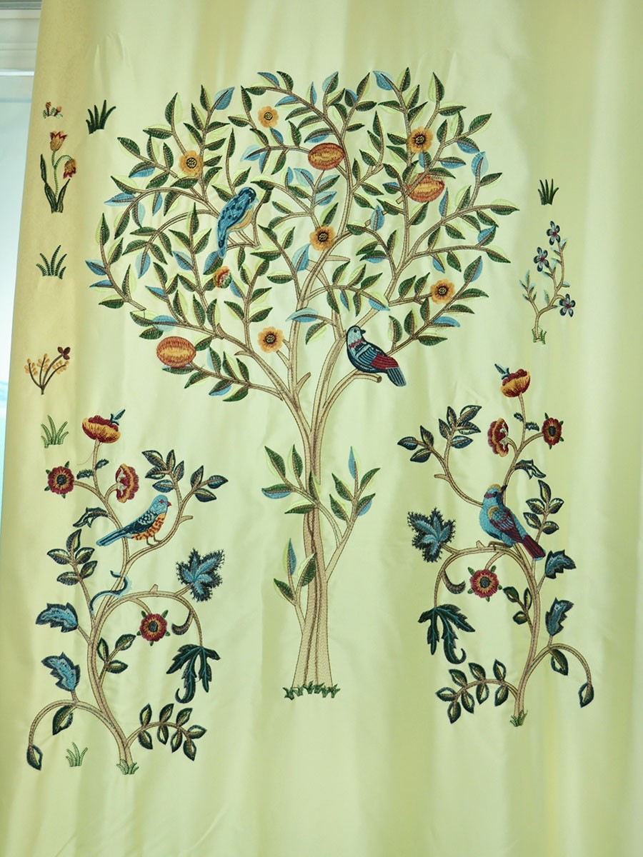 Franklin Beige & Blue Embroidered Bird Tree Faux Silk Custom Made