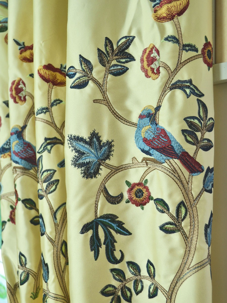Franklin Beige Amp Blue Embroidered Bird Tree Faux Silk