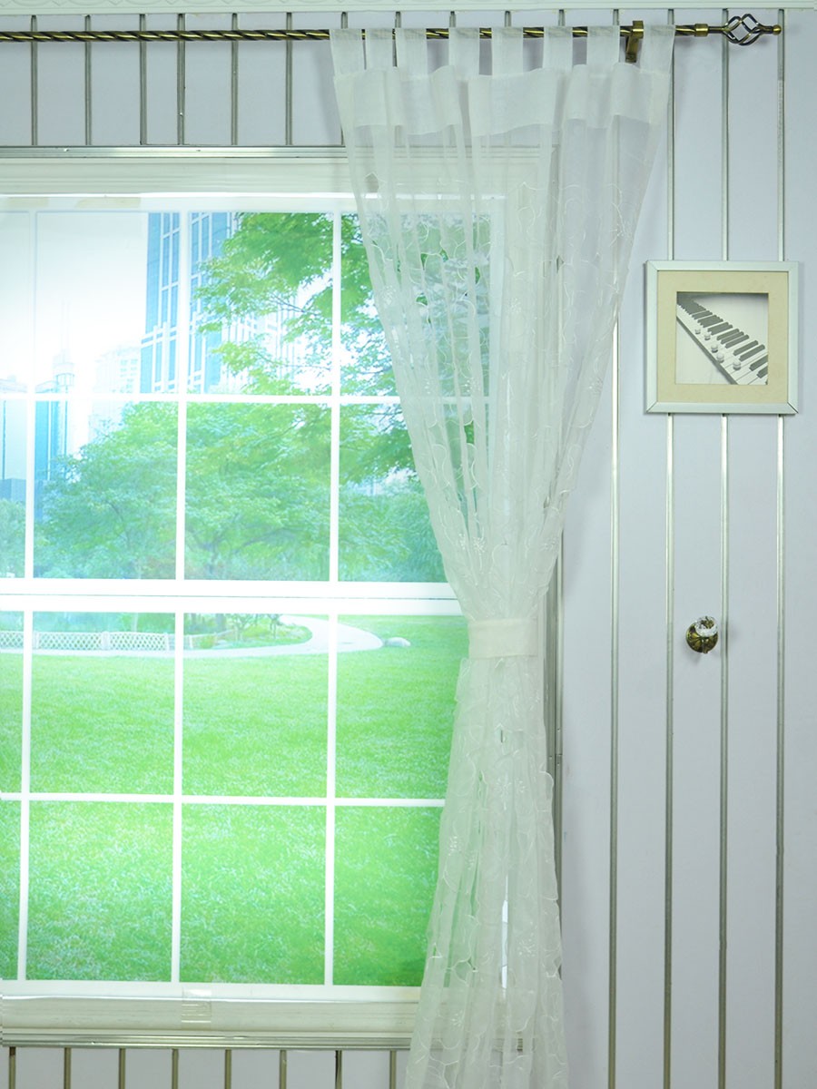 Gingera Hollow Out Embroidered Tab Top Sheer Curtains Panels White Ready Made