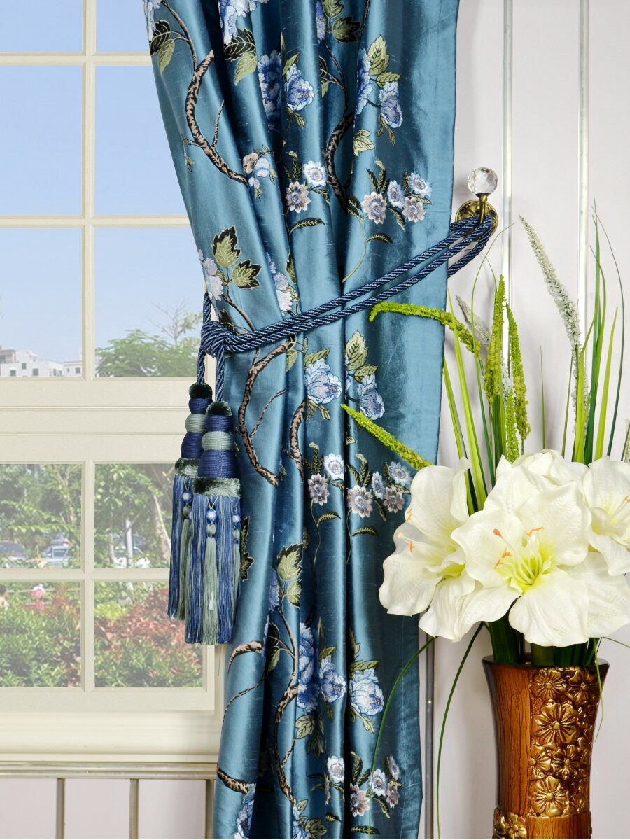 Halo Embroidered Peony Eyelet Dupioni Silk Curtains