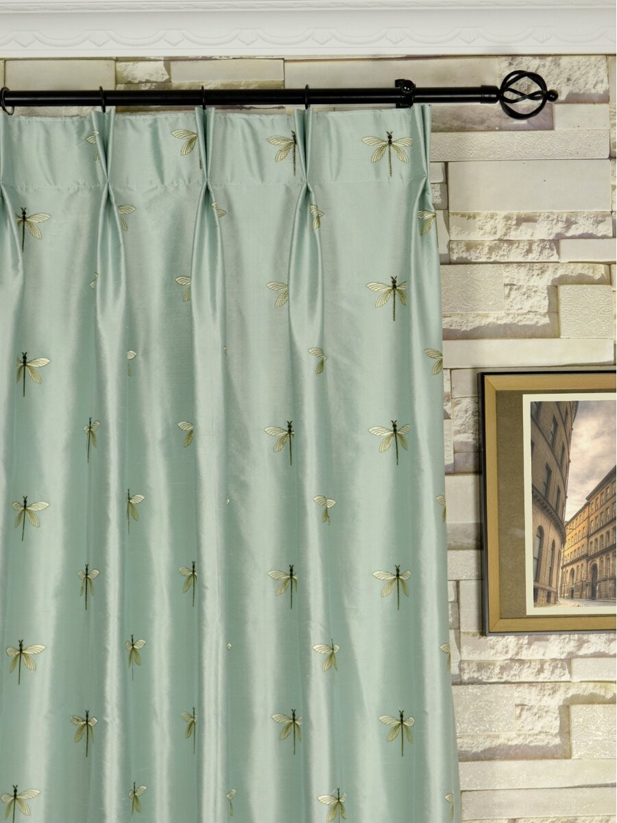 Halo Embroidered Dragonflies Double Pinch Pleat Dupioni