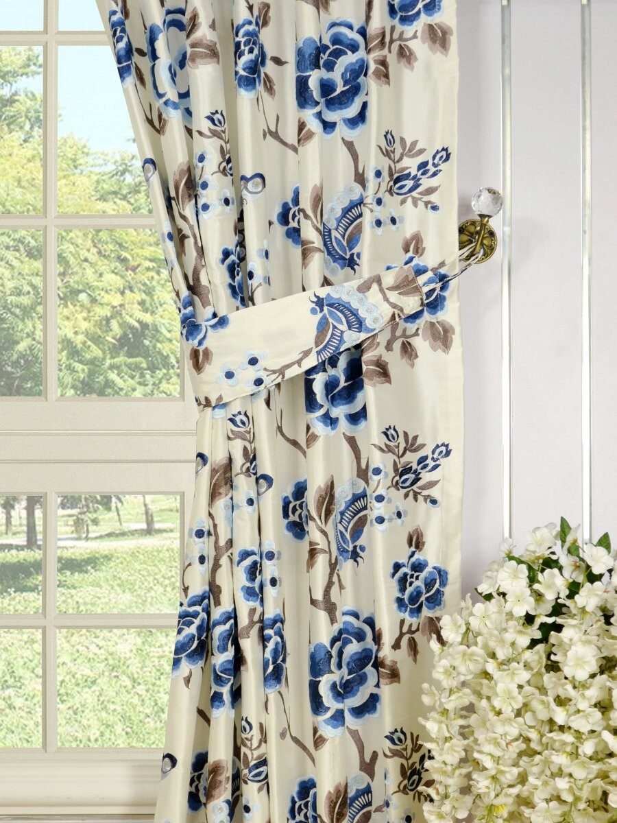 Halo Embroidered Hollyhocks Concealed Tab Top Dupioni Silk