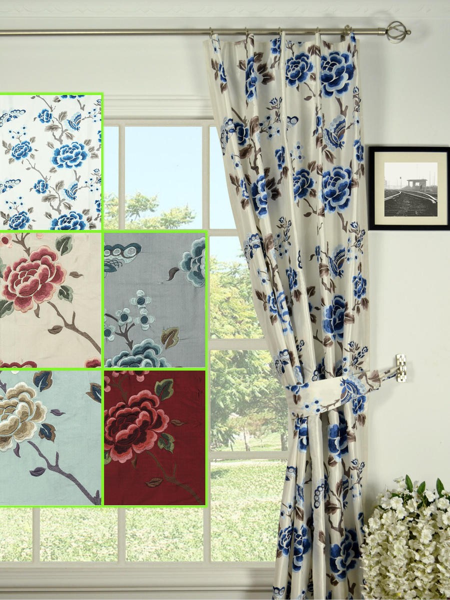 Halo Embroidered Hollyhocks Single Pinch Pleat Dupioni ...