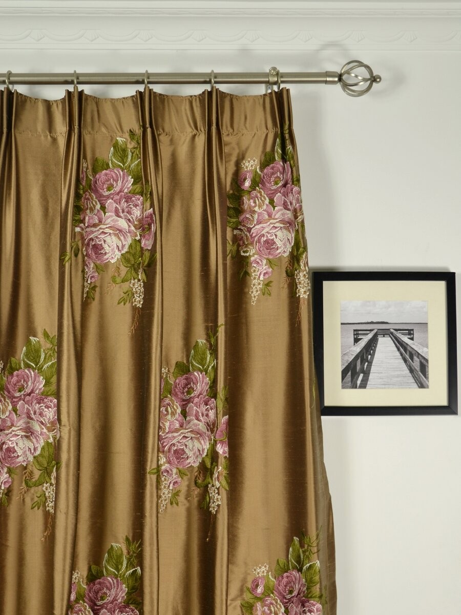 Rainbow Embroidered Camellia Dupioni Custom Made Curtains