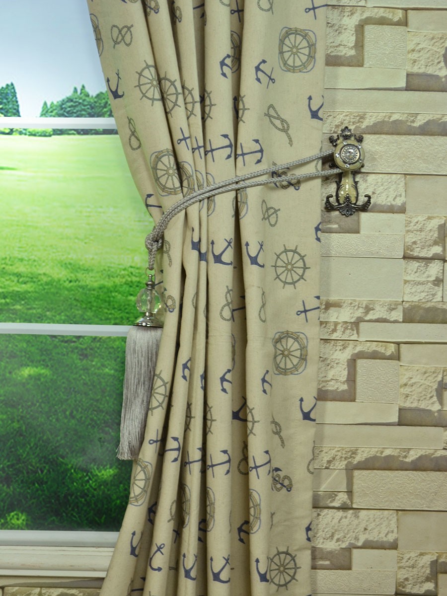 Eos Nautical Printed Faux Linen Double Pinch Pleat