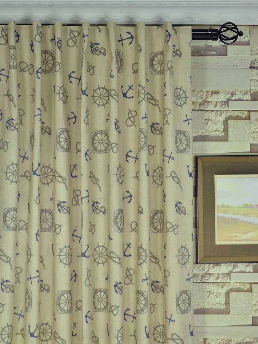Eos Nautical Printed Faux Linen Concealed Tab Top Curtains
