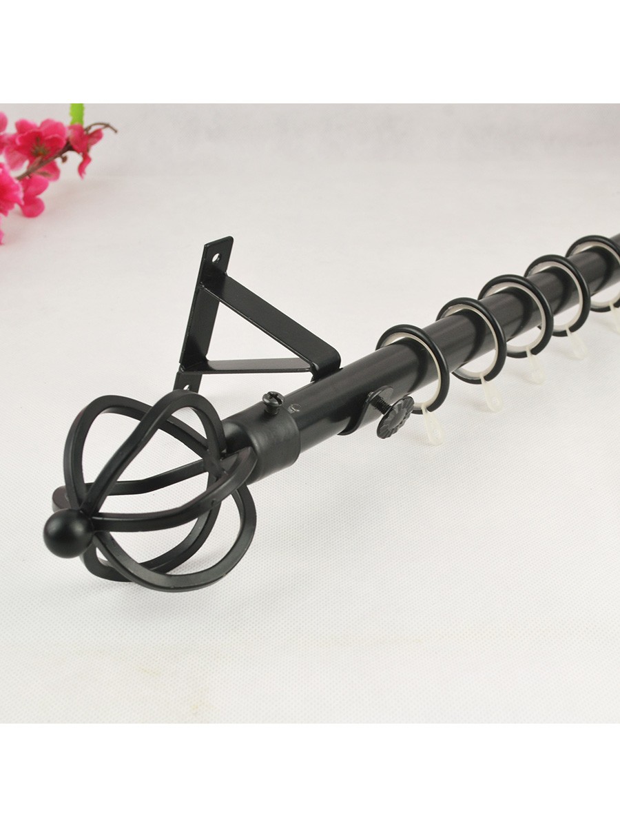 22mm Black Wrought Iron Single Curtain Rod Set with Spiral Globe Finial