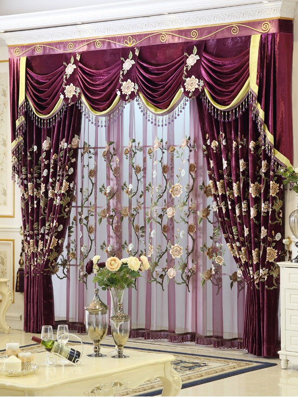 Baltic Embroidered Purplr Floral Leaves Waterfall And Swag Valance